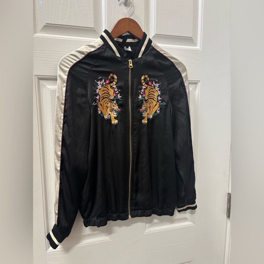 H&M Satin Bomber Jacket Women’s Black Tiger Embroidered Zip Up Varsity Style